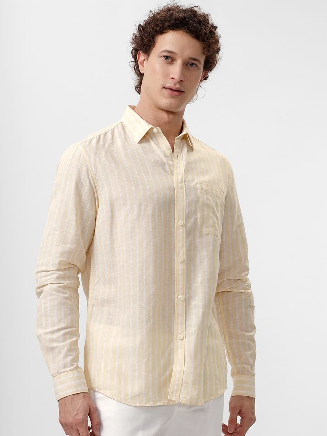 

Basics Men Slim Fit Spread Collar Vertical Striped Cotton Casual Shirt, Yellow