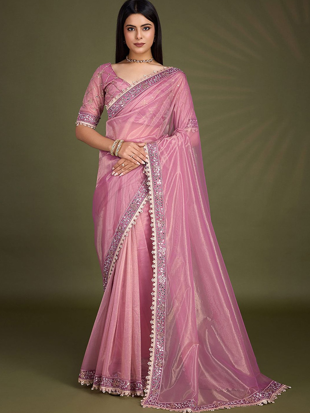 

Peachmode Embellished Beads and Stones Net Saree, Pink