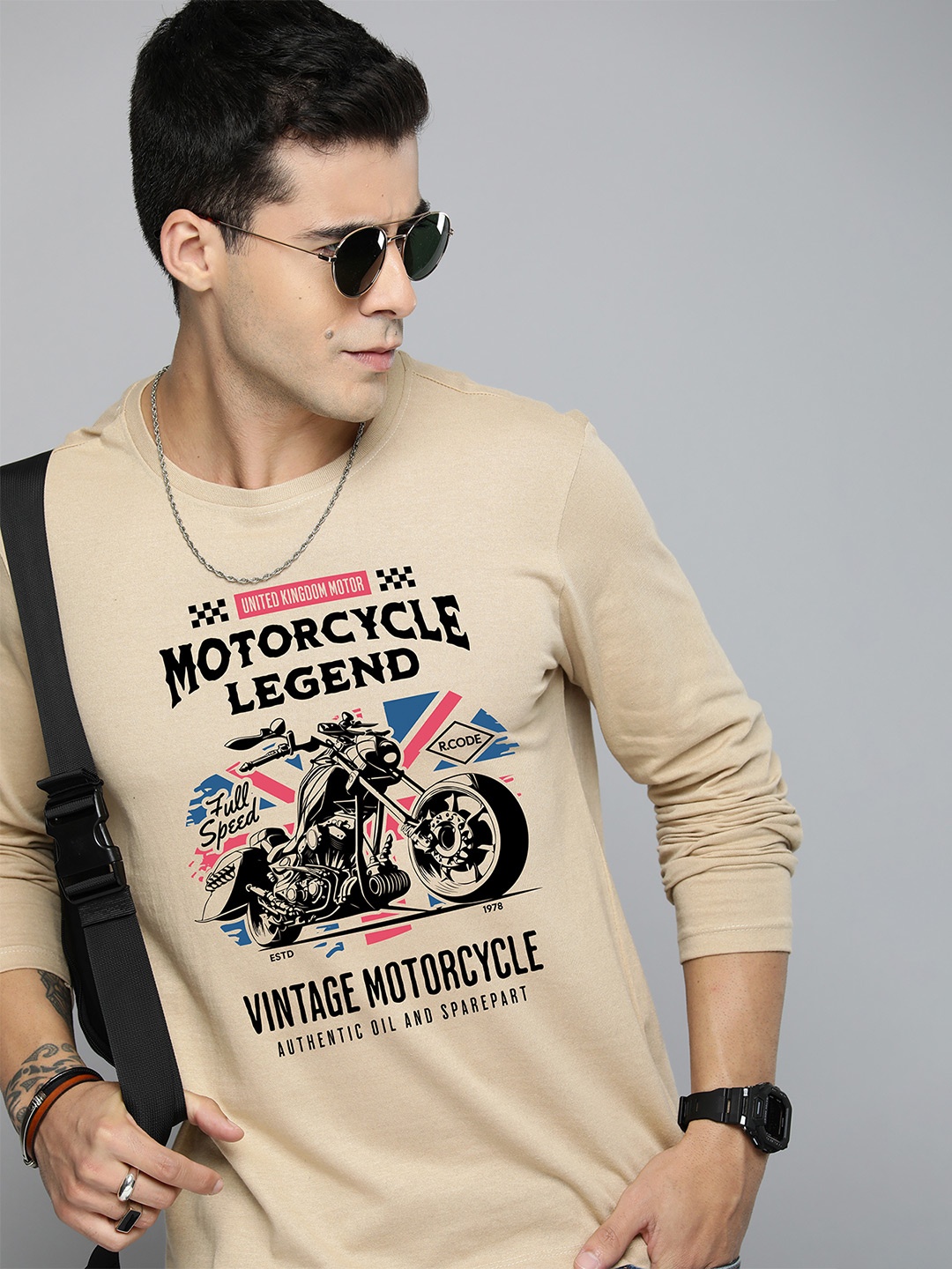 

R.Code by The Roadster Life Co. Men Biker Printed Applique T-shirt, Beige