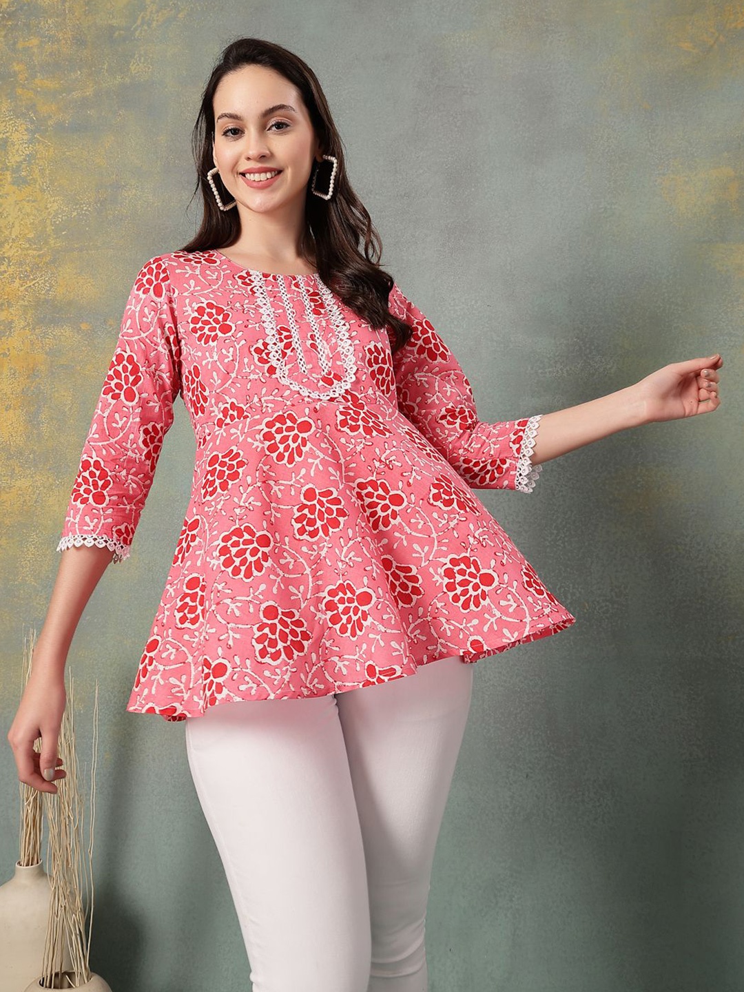 

God Bless Geometric Print Cotton Peplum Top, Peach