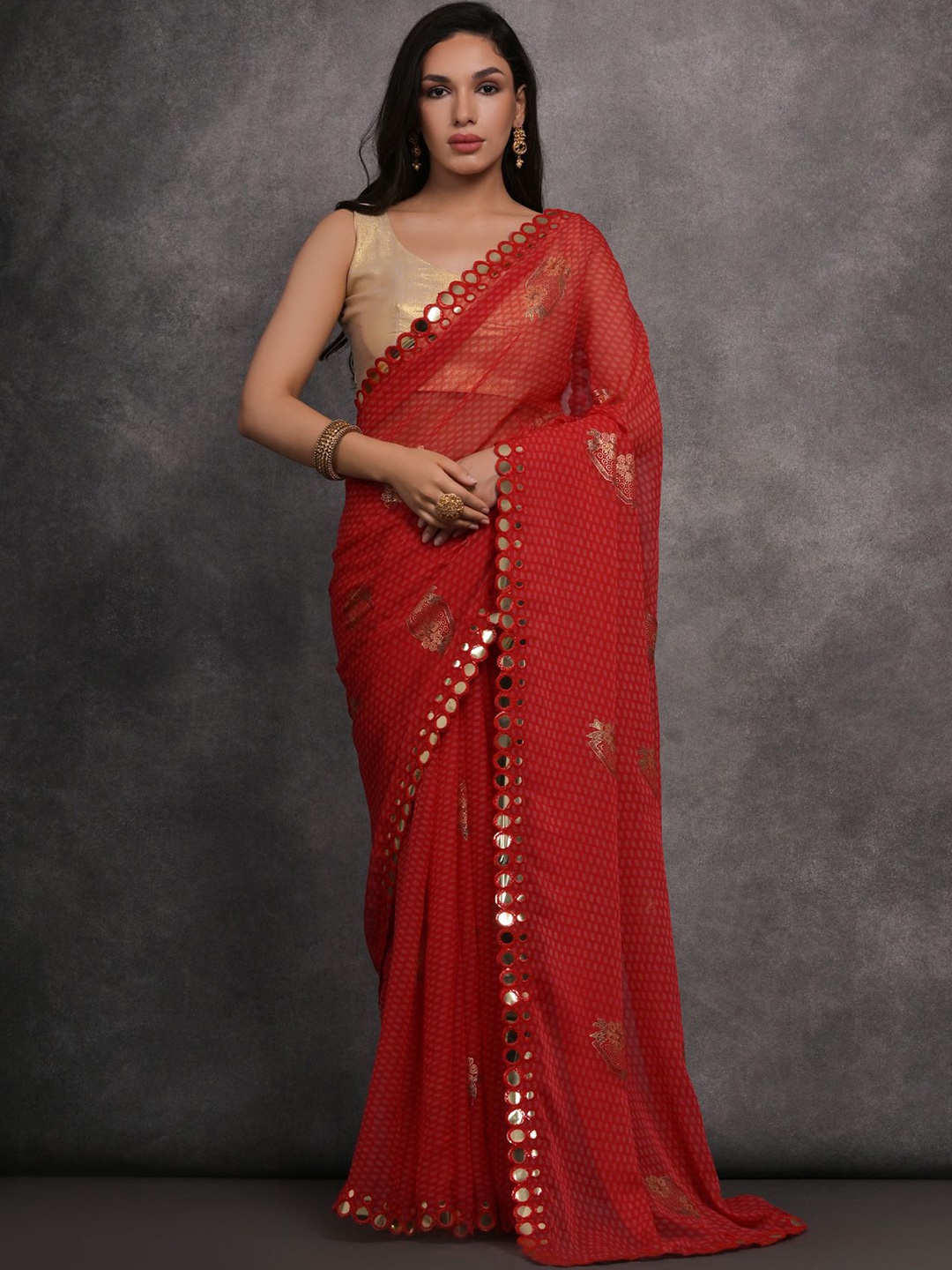 

LeeliPeeri Designer Ethnic Motifs Printed Mirror Work Embroidered Saree, Red