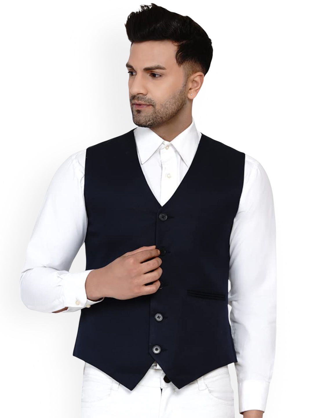 

VEERA PARIDHAAN Pure Cotton Woven Waistcoat, Navy blue