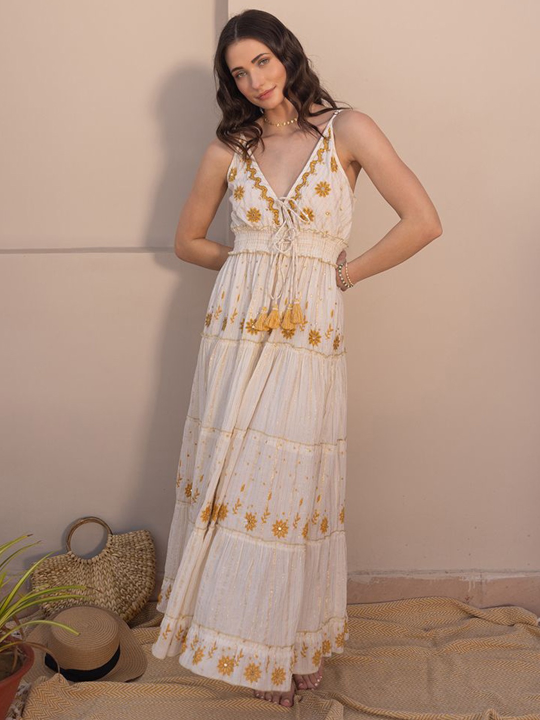 

Label Reyya Women's Embroidered Cotton Maxi Dress, Off white