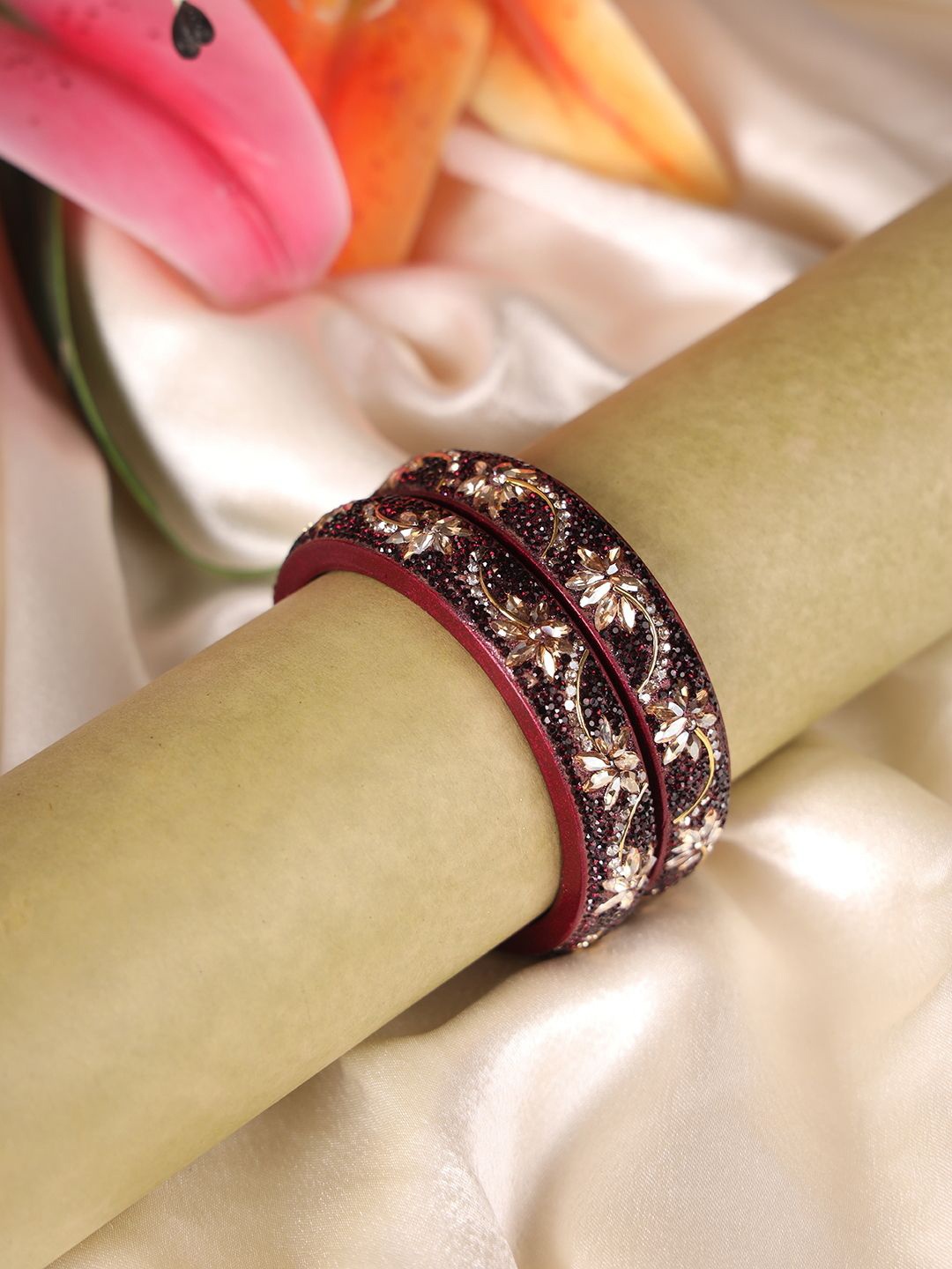 

ZULKA Set Of 2 Floral Diamond Zircon Gemstones & Beads Studded Bangles, Maroon