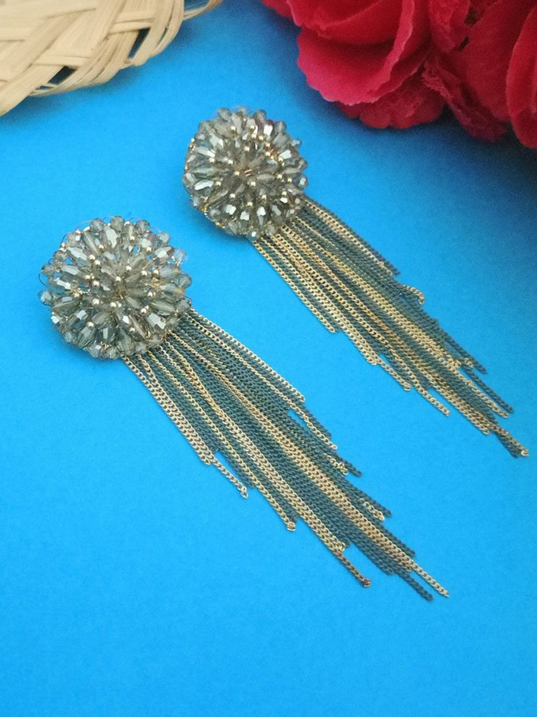 

DIVASTRI Gold-Plated Artificial Stones Studded Tasselled Contemporary shaped Drop Earrings, Grey