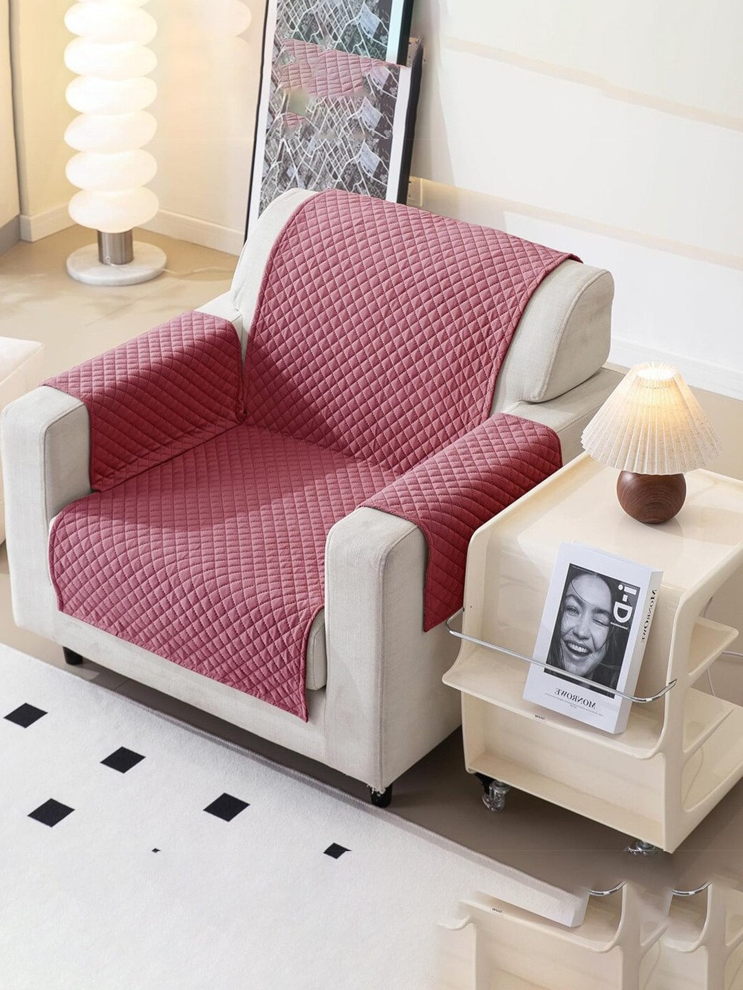 

Fashion Throw Pink Checked Velvet 1 Piece Sofa Cover With Arms
