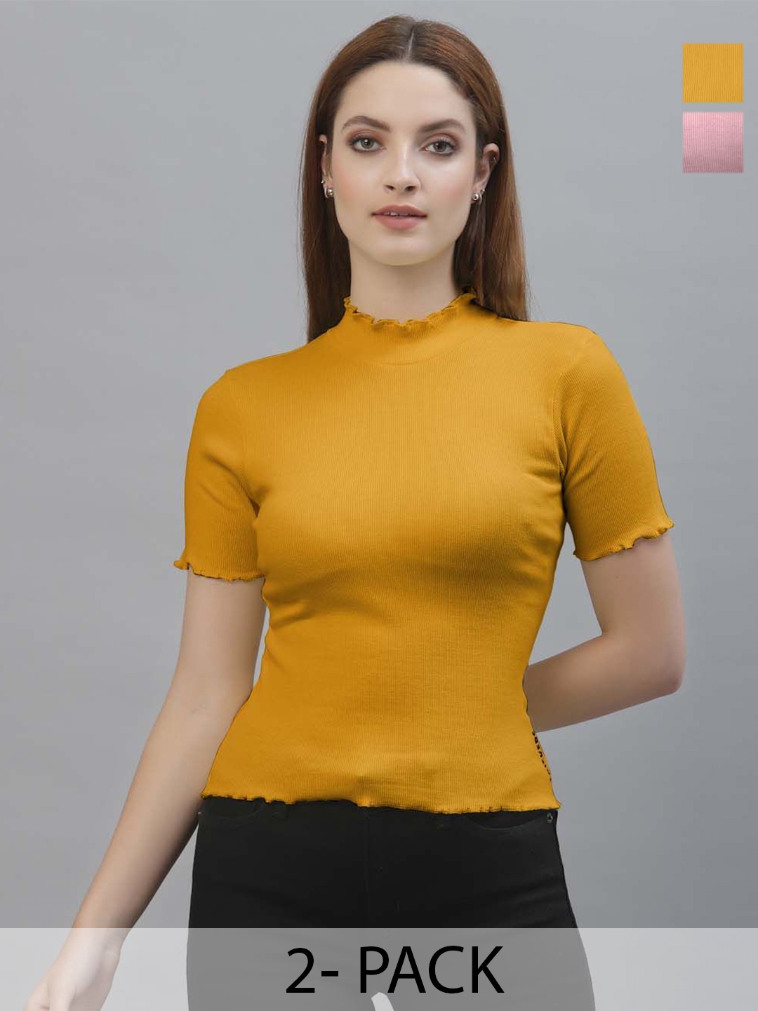 

Friskers Cotton Pack Of 2 Women Fitted Crop Top, Mustard