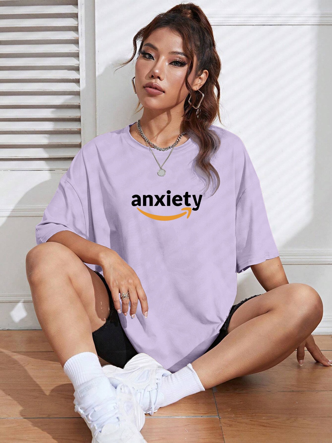 

TOGS & TERRE Women Typography Printed Round Neck Cotton Oversized T-shirt, Lavender