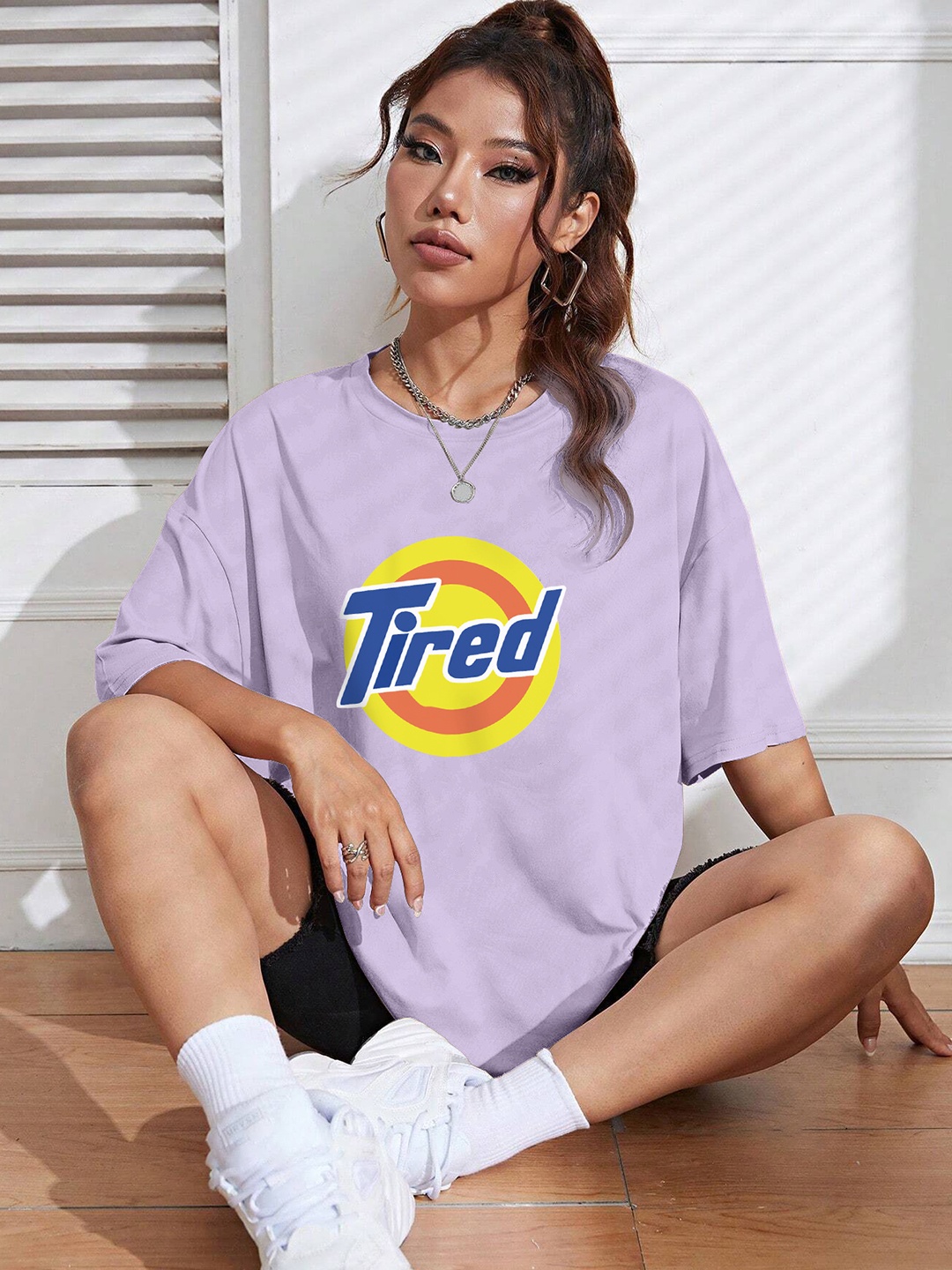 

TOGS & TERRE Women Typography Printed Round Neck Cotton Oversized T-shirt, Lavender