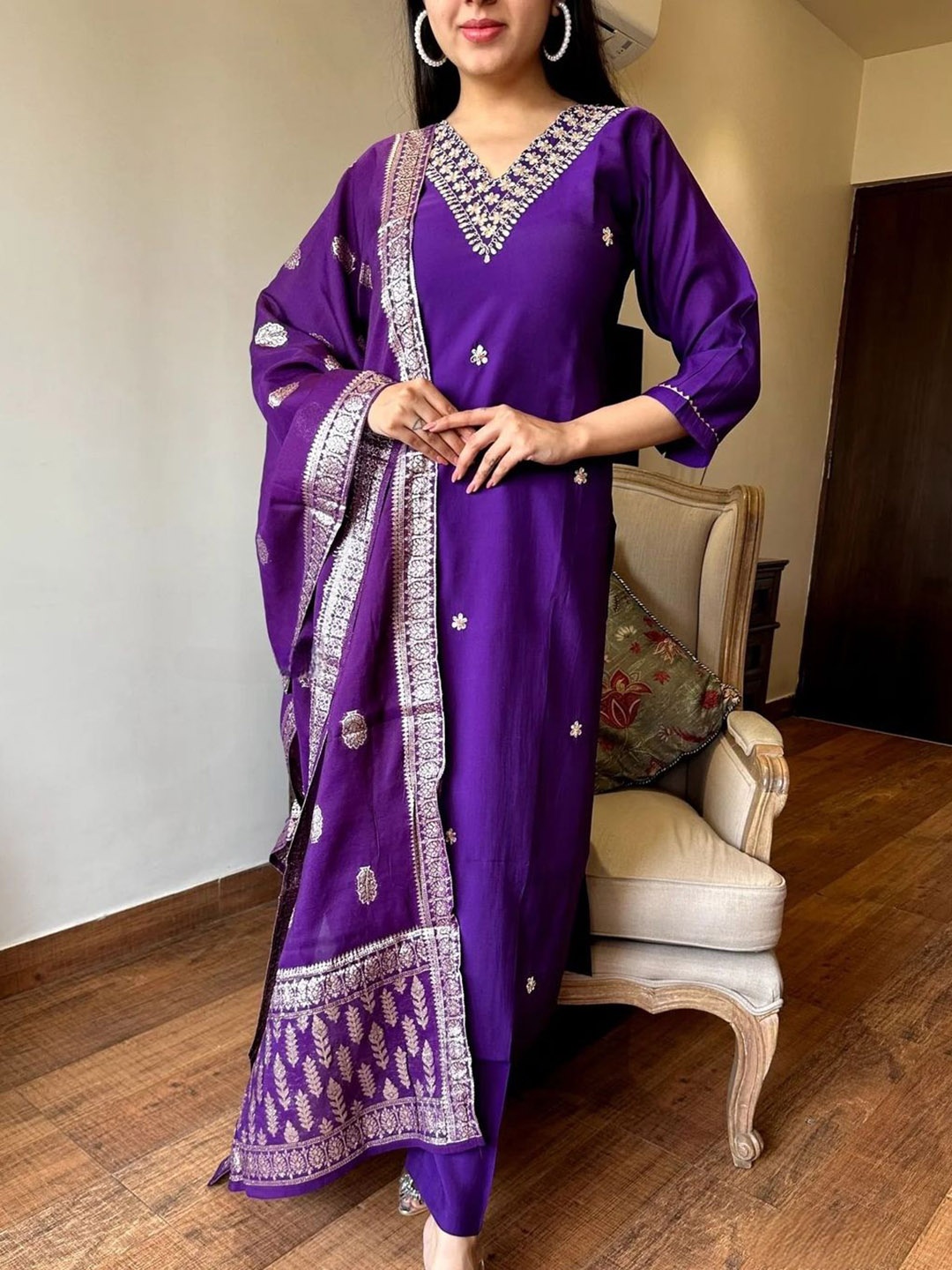 

Wedani Ethnic Motifs Yoke Design V-neck Zari Straight Kurta With Trousers & Dupatta, Violet