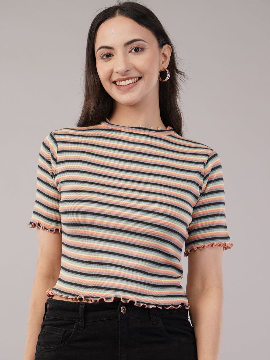 

Nalax Designs Horizontal Stripes Printed Short Sleeves Round Neck Top, Black