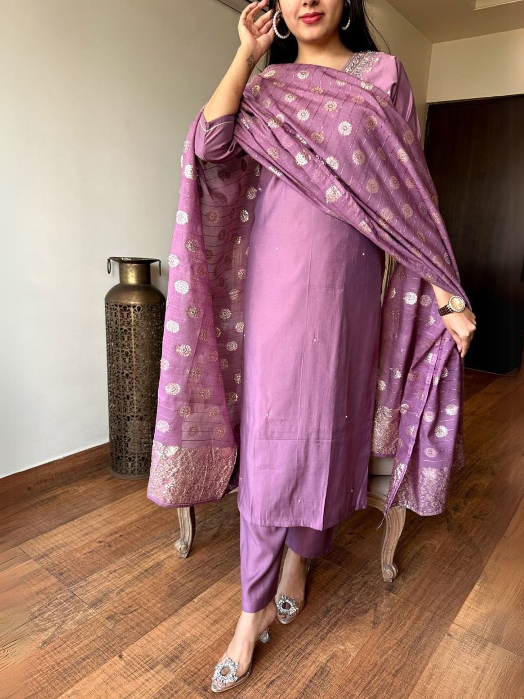 

KALINI Floral Embroidered Chanderi Silk Straight Kurta With Trouser And Dupatta, Purple