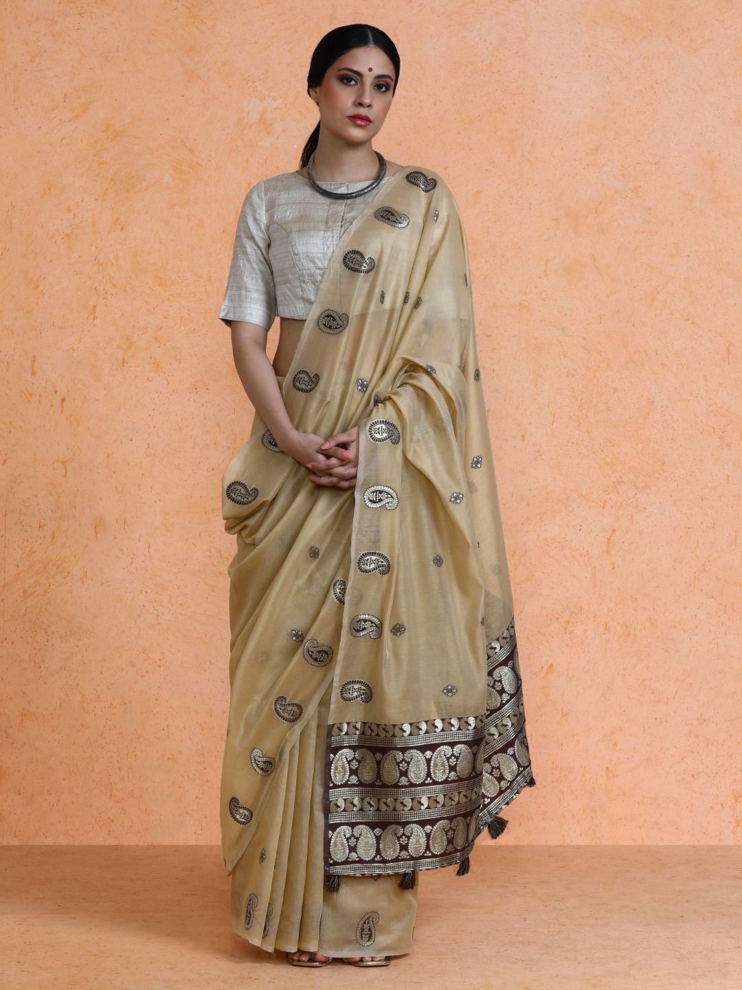 

SARHA Woven Design Chanderi Cotton Saree, Beige