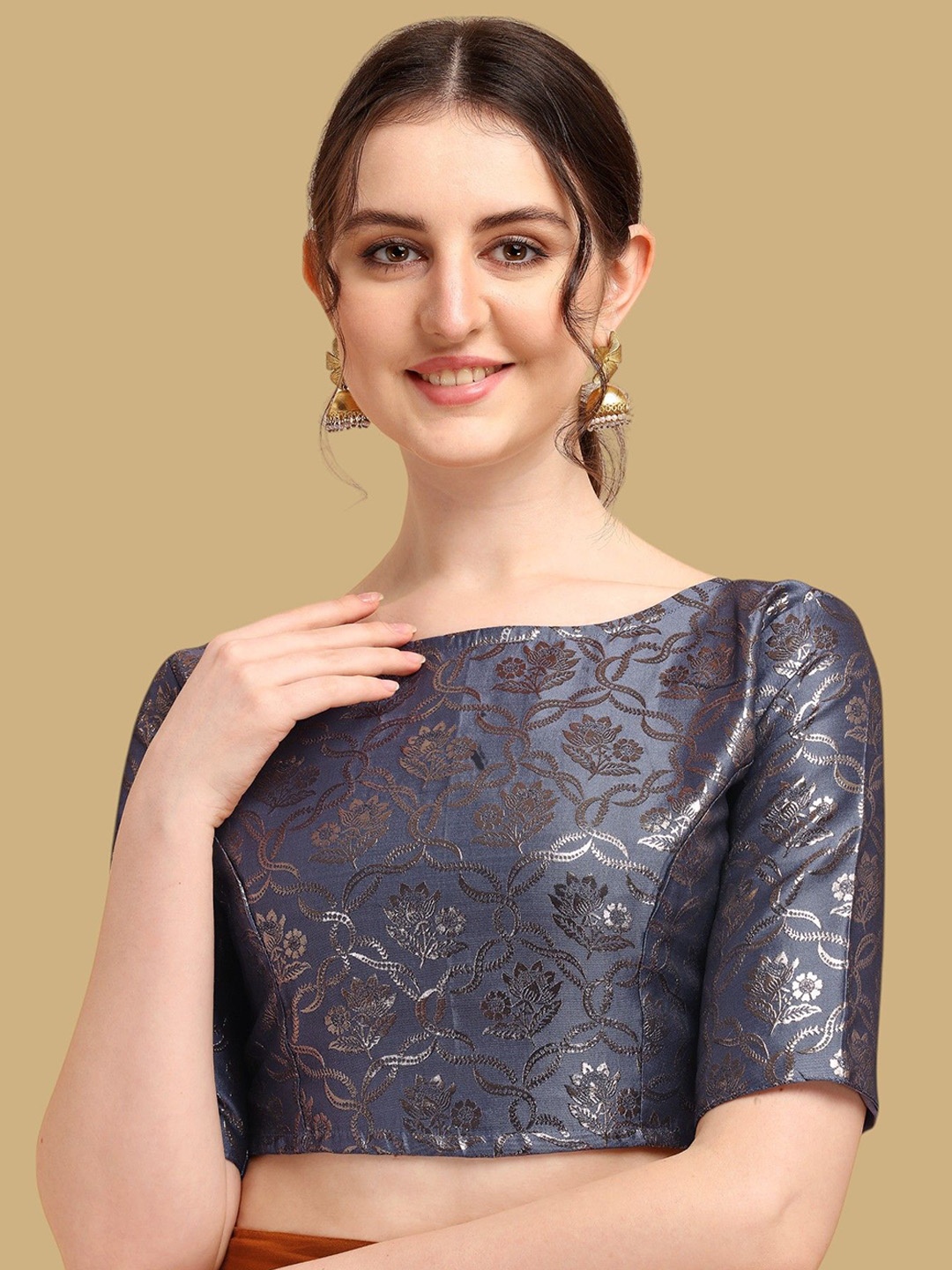 

Oomph! Woven Design Boat Neck Saree Blouse, Grey