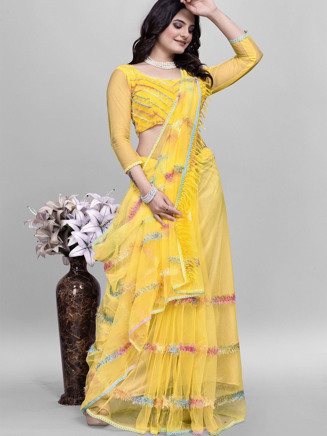 

JULEE Striped Embroidered Net Saree, Yellow