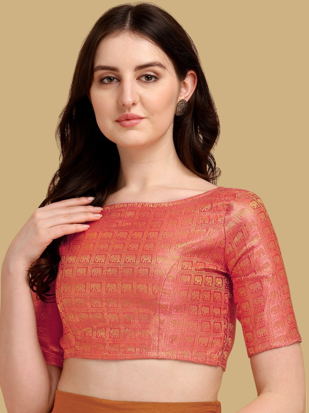 

Oomph! Woven Design Boat Neck Jacquard Saree Blouse, Pink