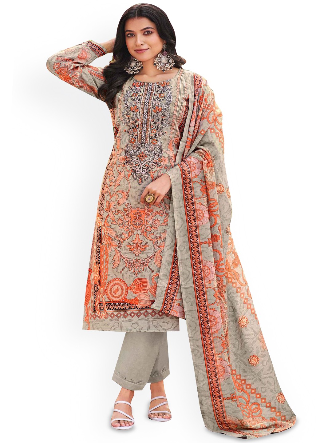 

DRAVINAM Trends Floral Printed Pure Cotton Unstitched Dress Material, Grey