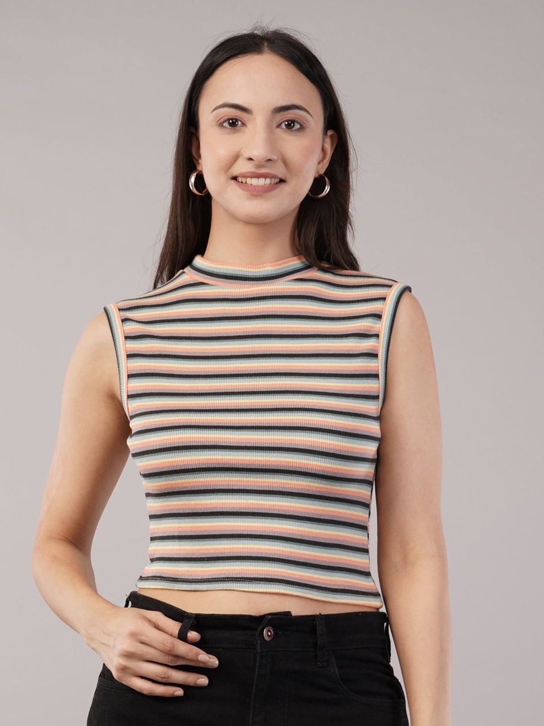 

Nalax Designs Women Solid Round Neck sleeveless Crop Regular Top, Multi