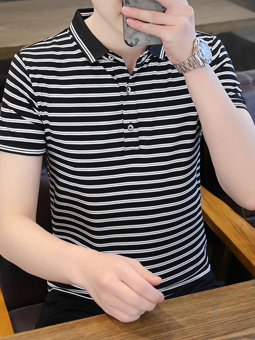 

StyleCast x Revolte Men Striped Polo Collar Cotton Regular Fit T-shirt, Black