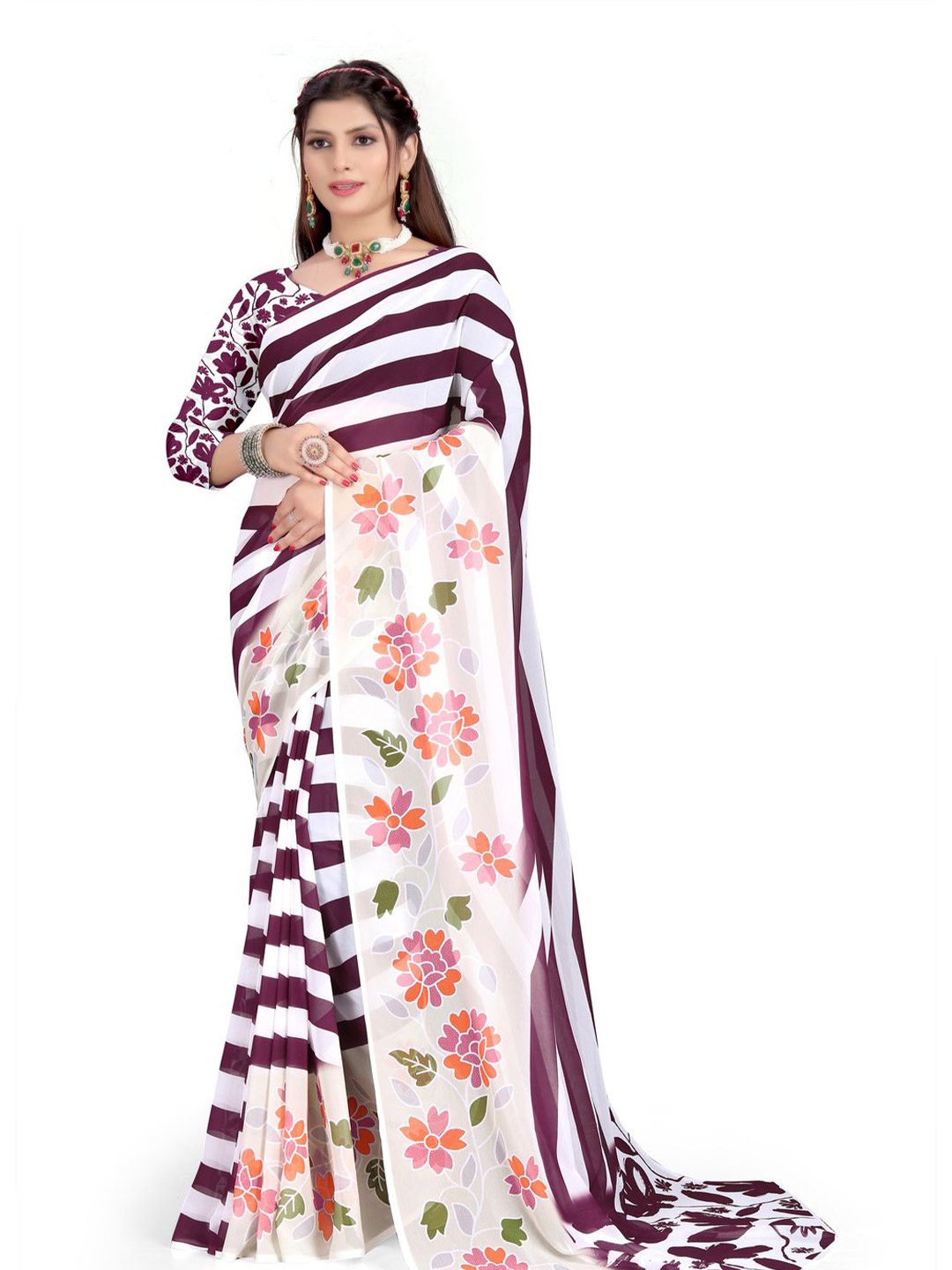 

Pemal Designer Striped Pure Georgette Saree, Purple