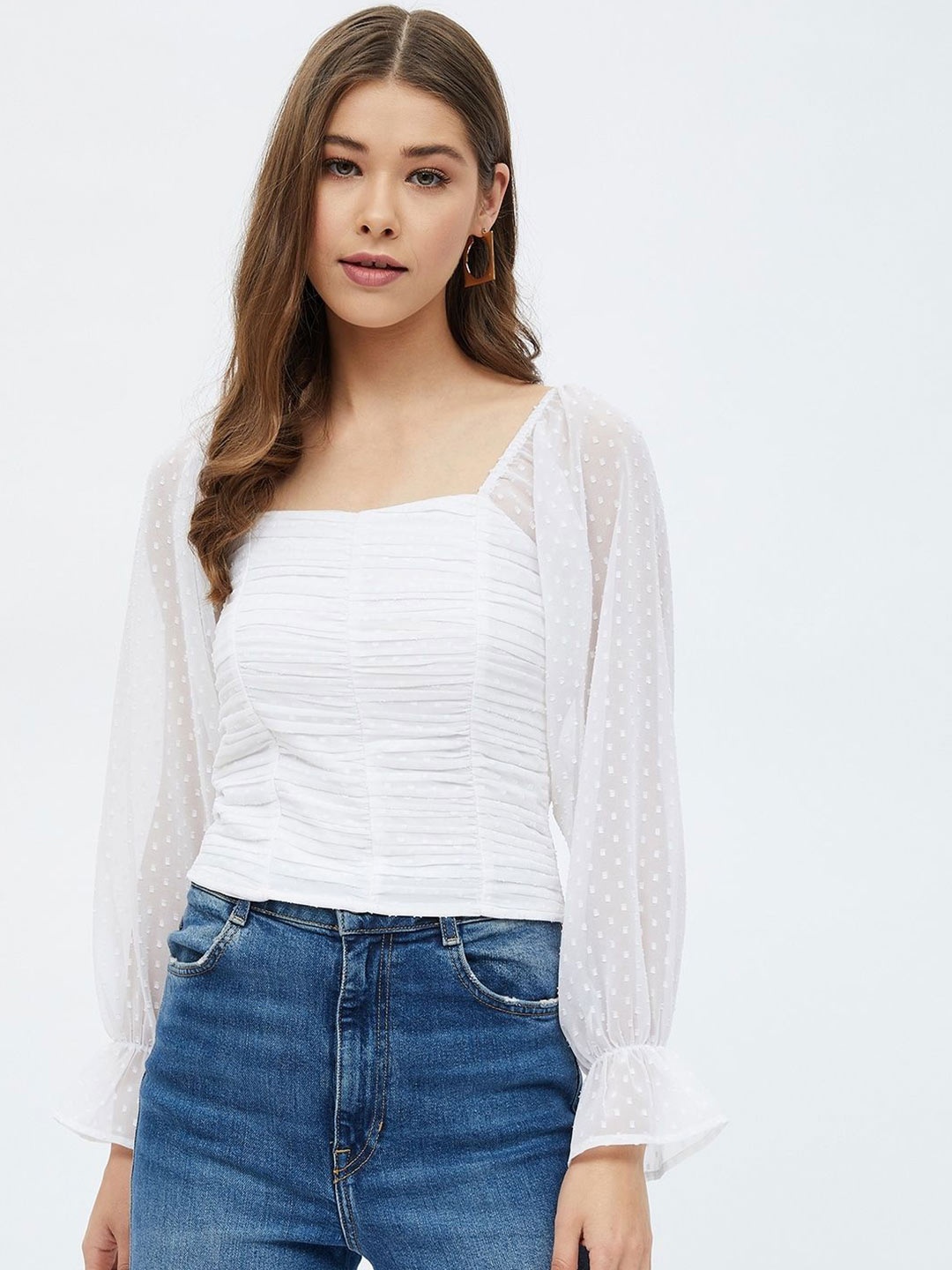 

MIZAGO Women Square Neck Bell Sleeve Pleated Smocked Top, White