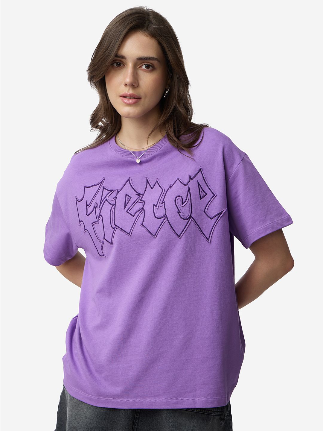 

The Souled Store Women Typography Printed Applique Oversized T-shirt, Lavender