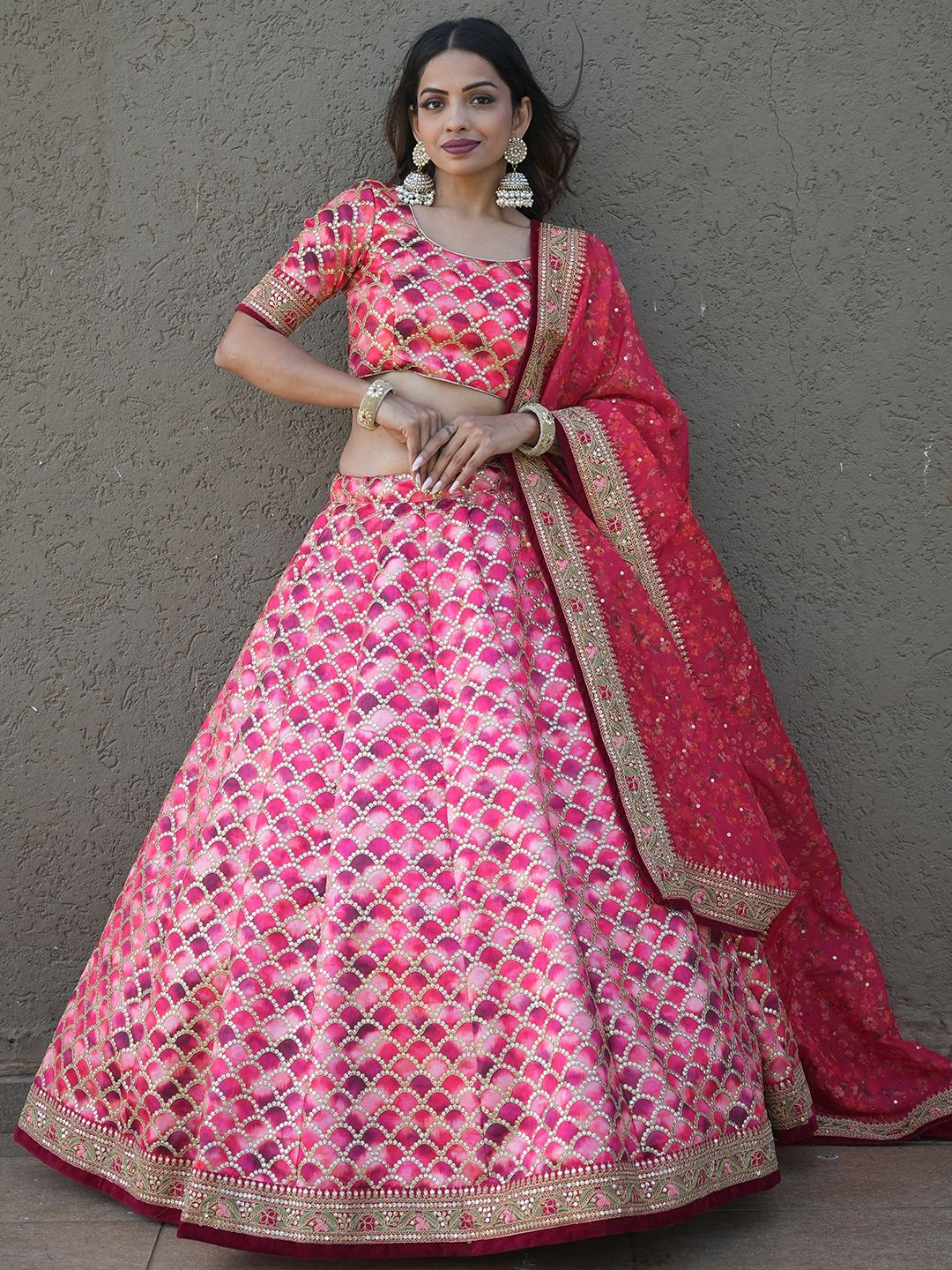 

FABPIXEL Embroidered Sequinned Semi-Stitched Lehenga & Unstitched Blouse With Dupatta, Red
