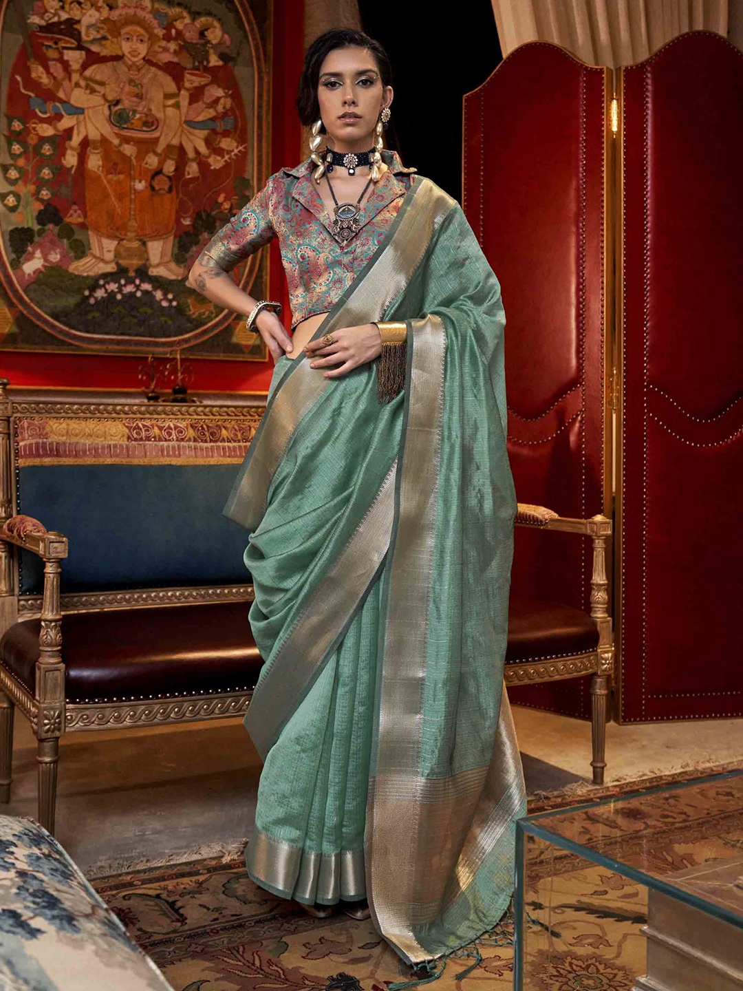 

DIVASTRI Woven Design Zari Saree, Teal