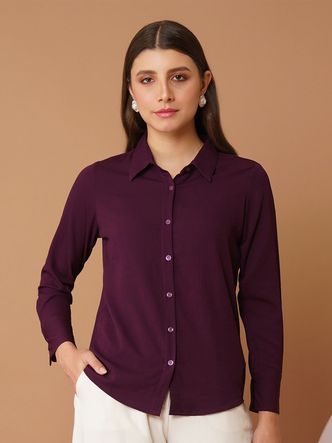 

Chemistry Women India Slim Fit Spread Collar Textured Casual Shirt, Purple