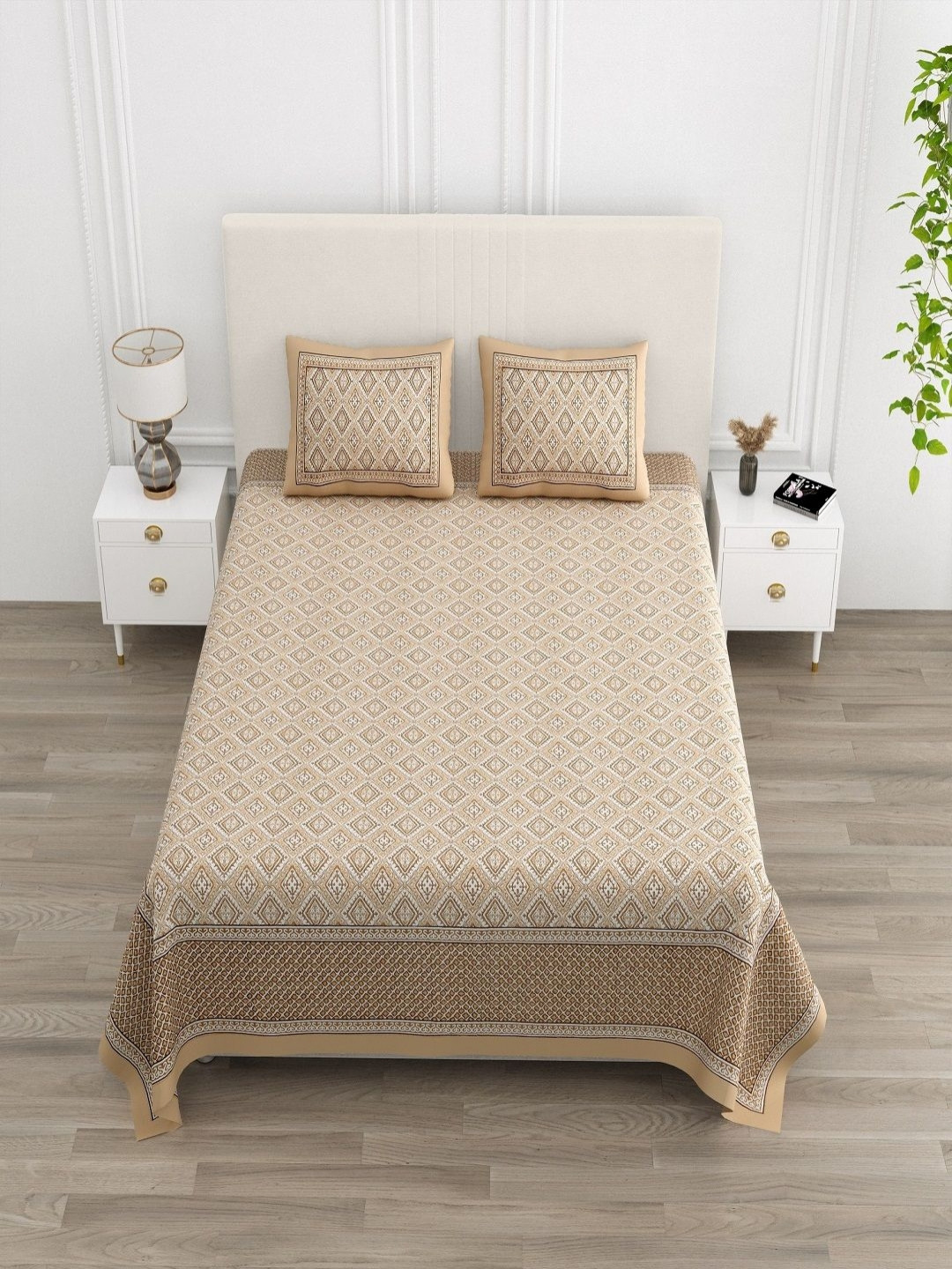 

tundwal's White & Brown Floral Printed Cotton 210 TC King Bedsheet Set 2.28 m x 2.74 m