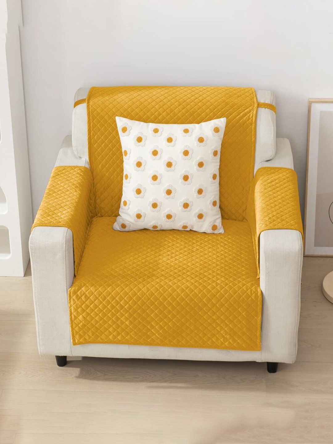 

Fashion Throw Yellow Checked Velvet 1 Piece Sofa Cover With Arms