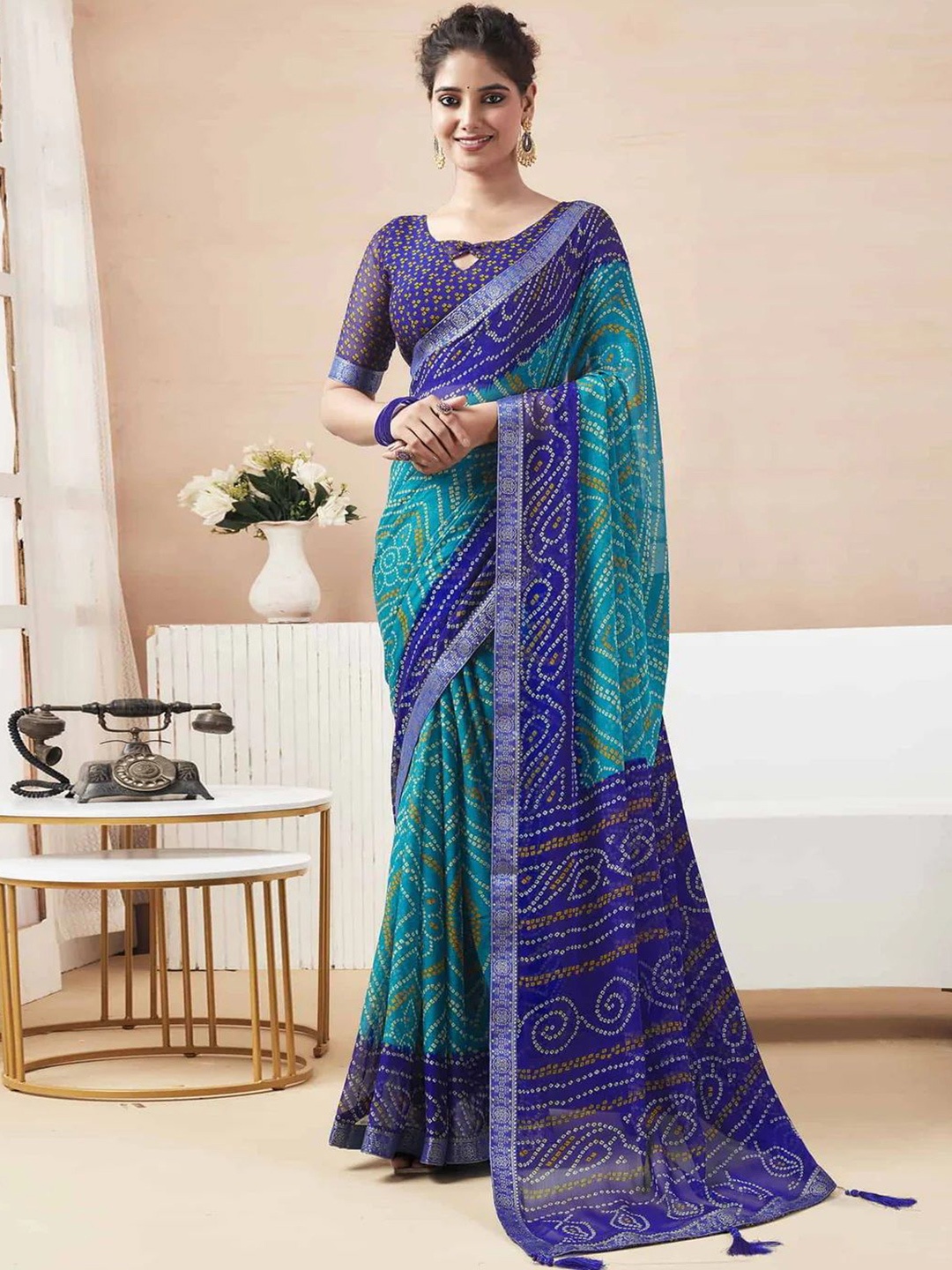 

Styleveda Bandhani Zari Pure Georgette Bandhani Saree, Blue