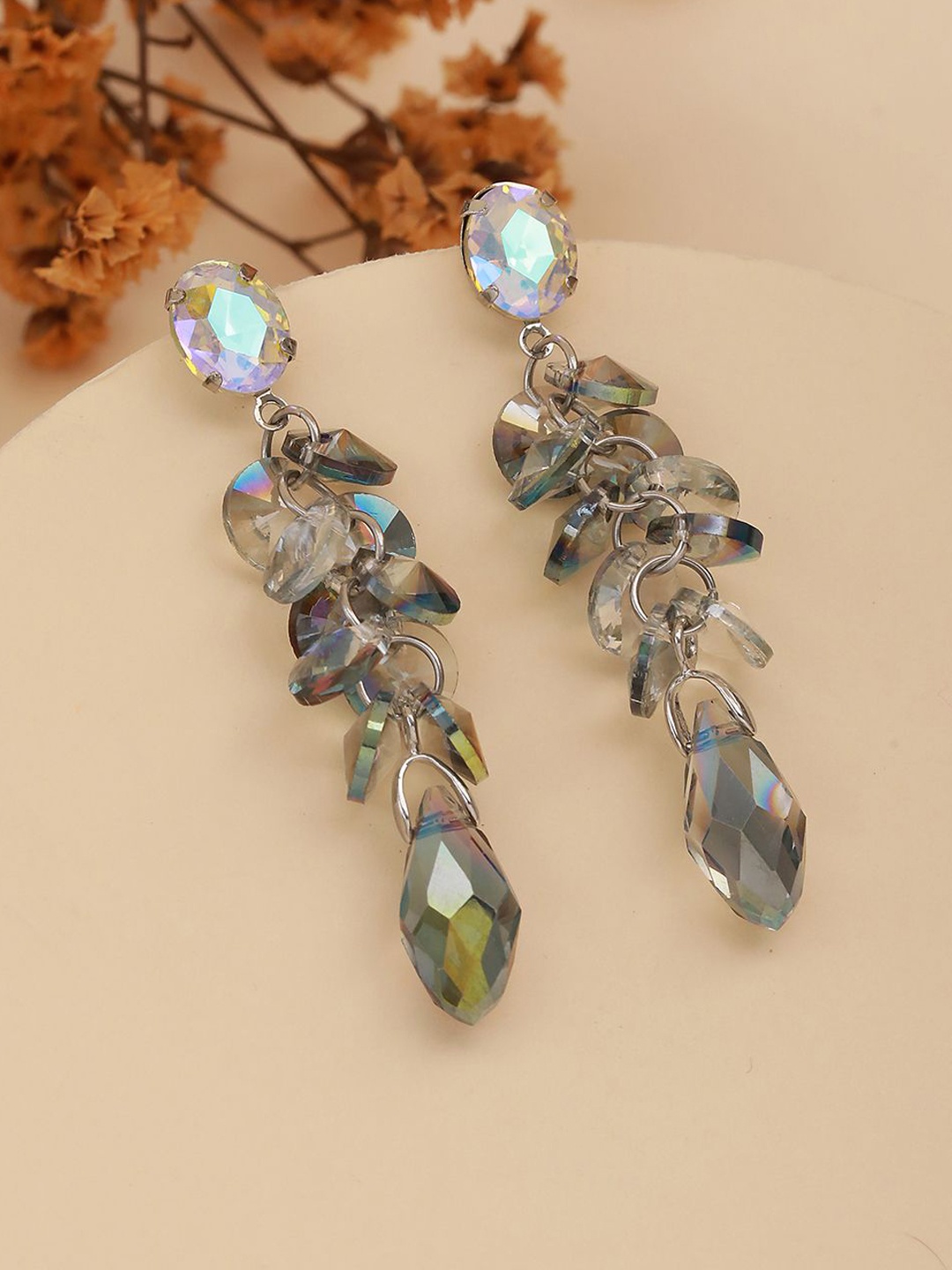 

DressBerry Silver-Plated Artificial Stones Studed Contemporary Shaped Drop Earrings