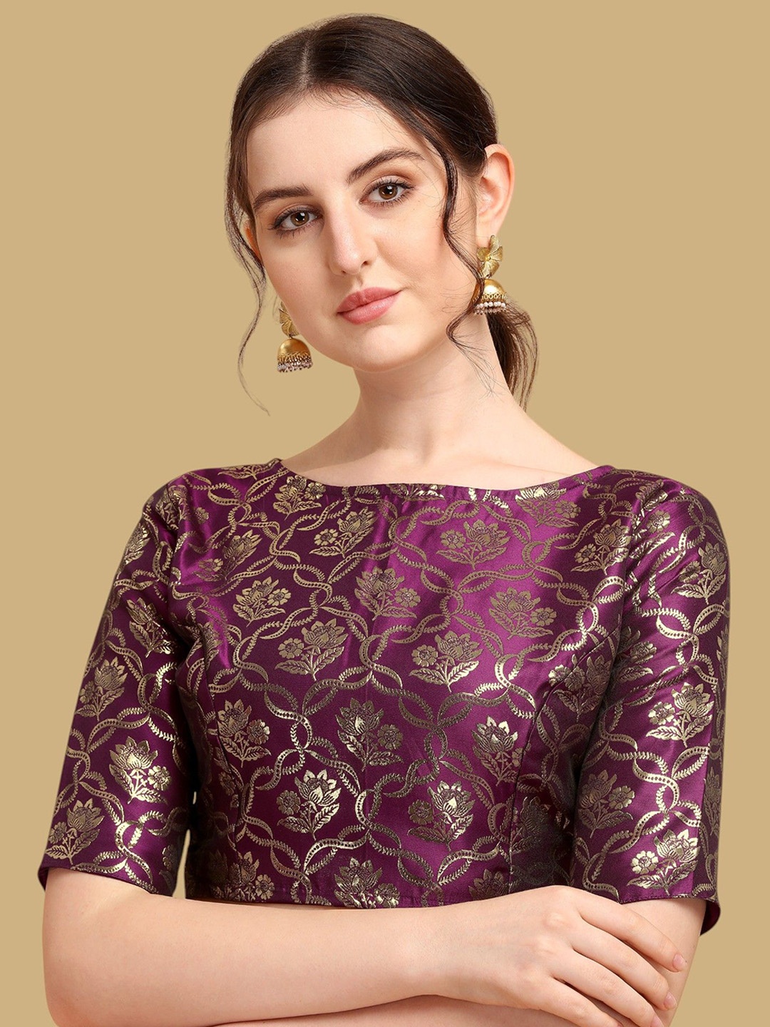 

Oomph! Woven Design Boat Neck Jacquard Saree Blouse, Purple