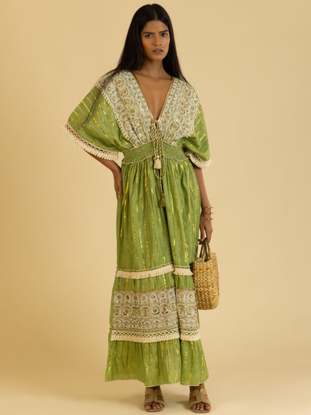 

Label Reyya Ethnic Motifs Print Kaftan Maxi Dress, Green