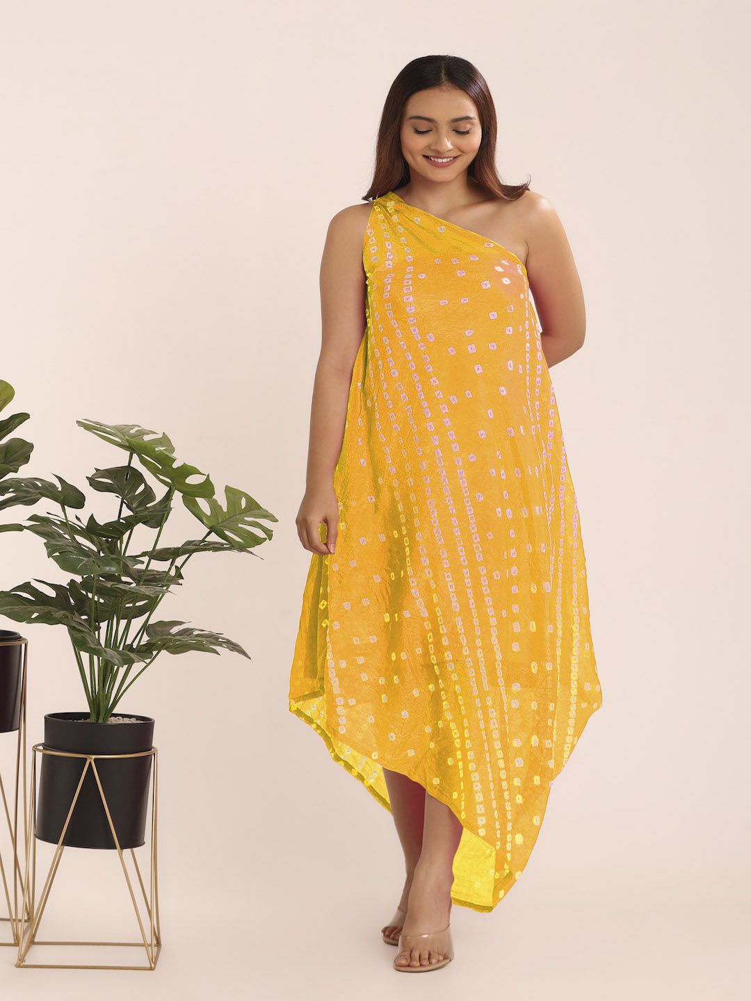 

THE BLESSED WARDROBE Women Bandhani Printed A-line Ethnic Midi Dress, Yellow
