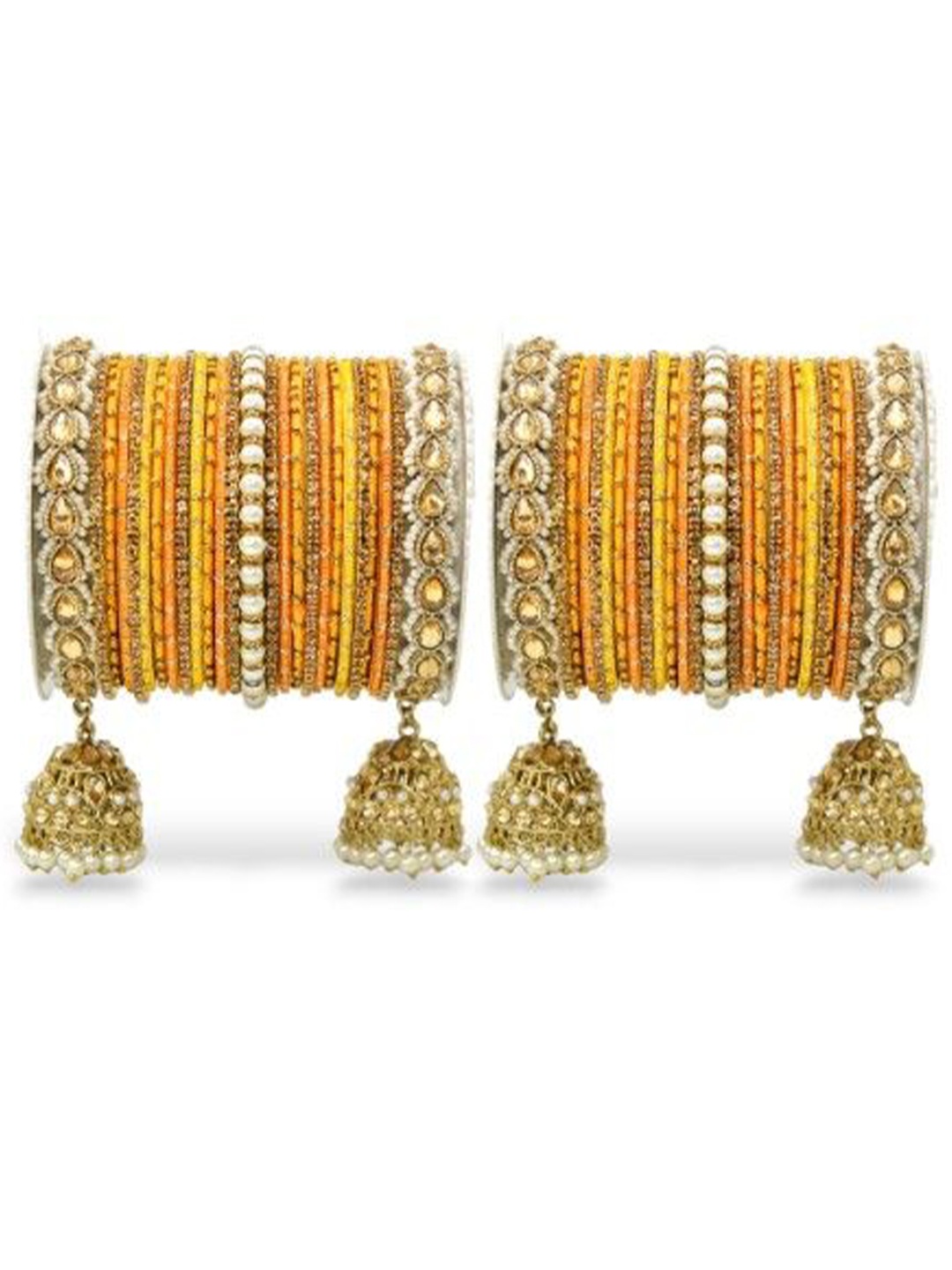 

leshya Set Of 2 Stone-Studded & Beaded Bridal Jhumki Style Bangles, Gold