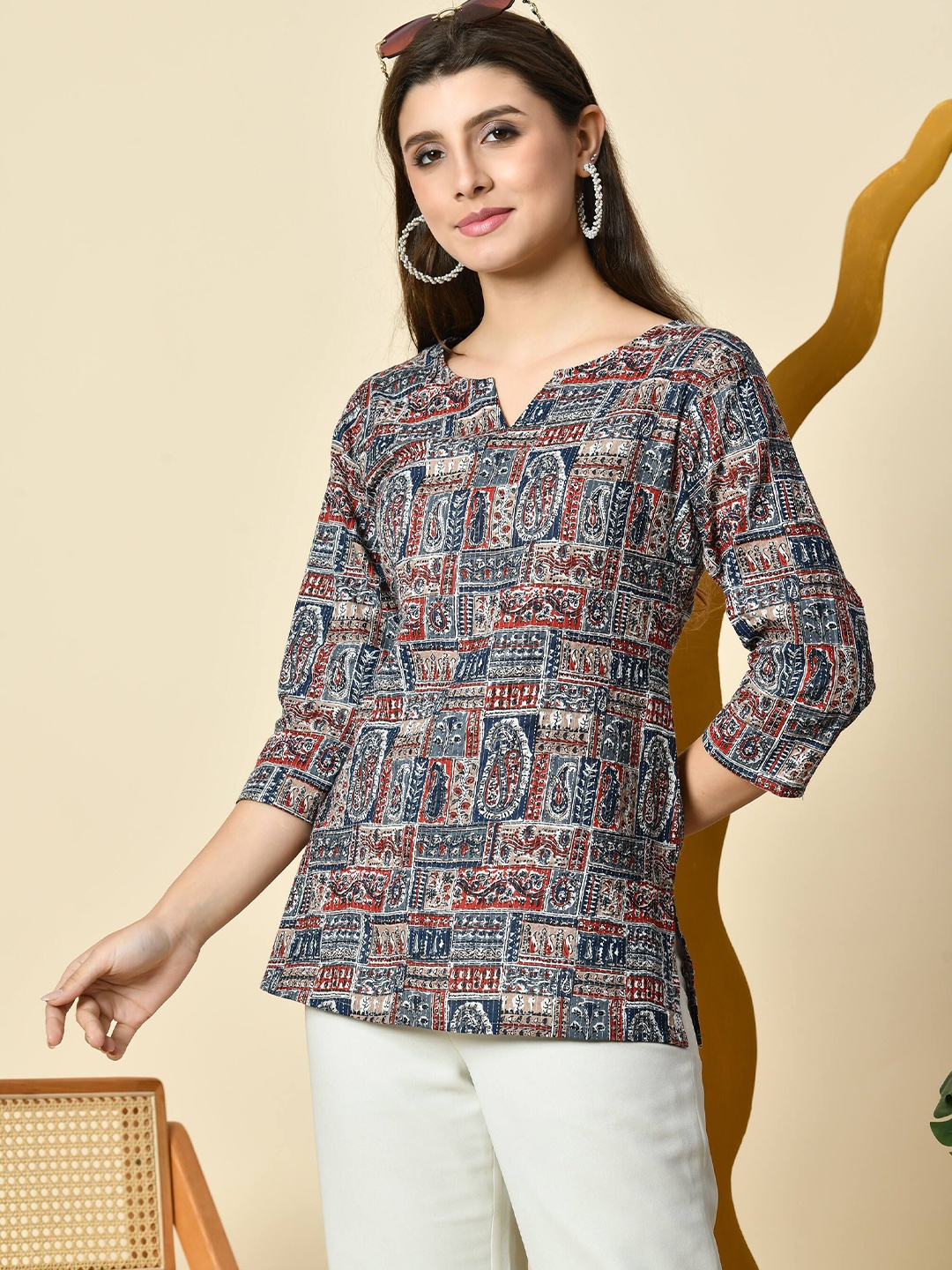 

ao services Women V Neck Three-Quarter Sleeves Printed Tunic, Blue