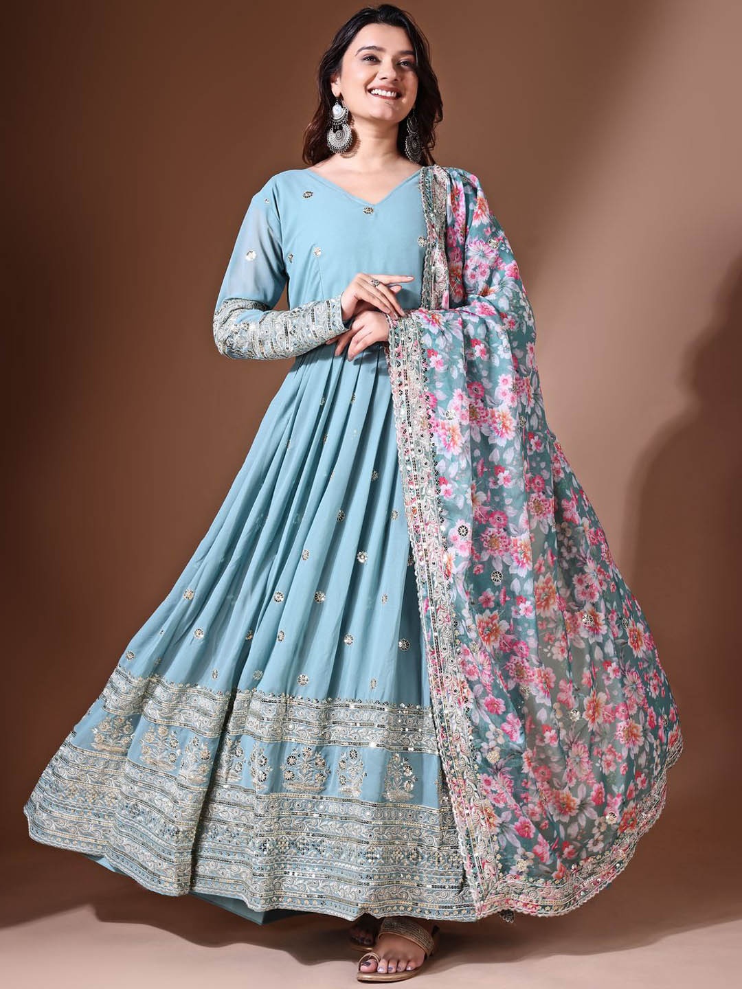 

Fashion Basket Embroidered Georgette Anarkali Gown With Dupatta, Blue