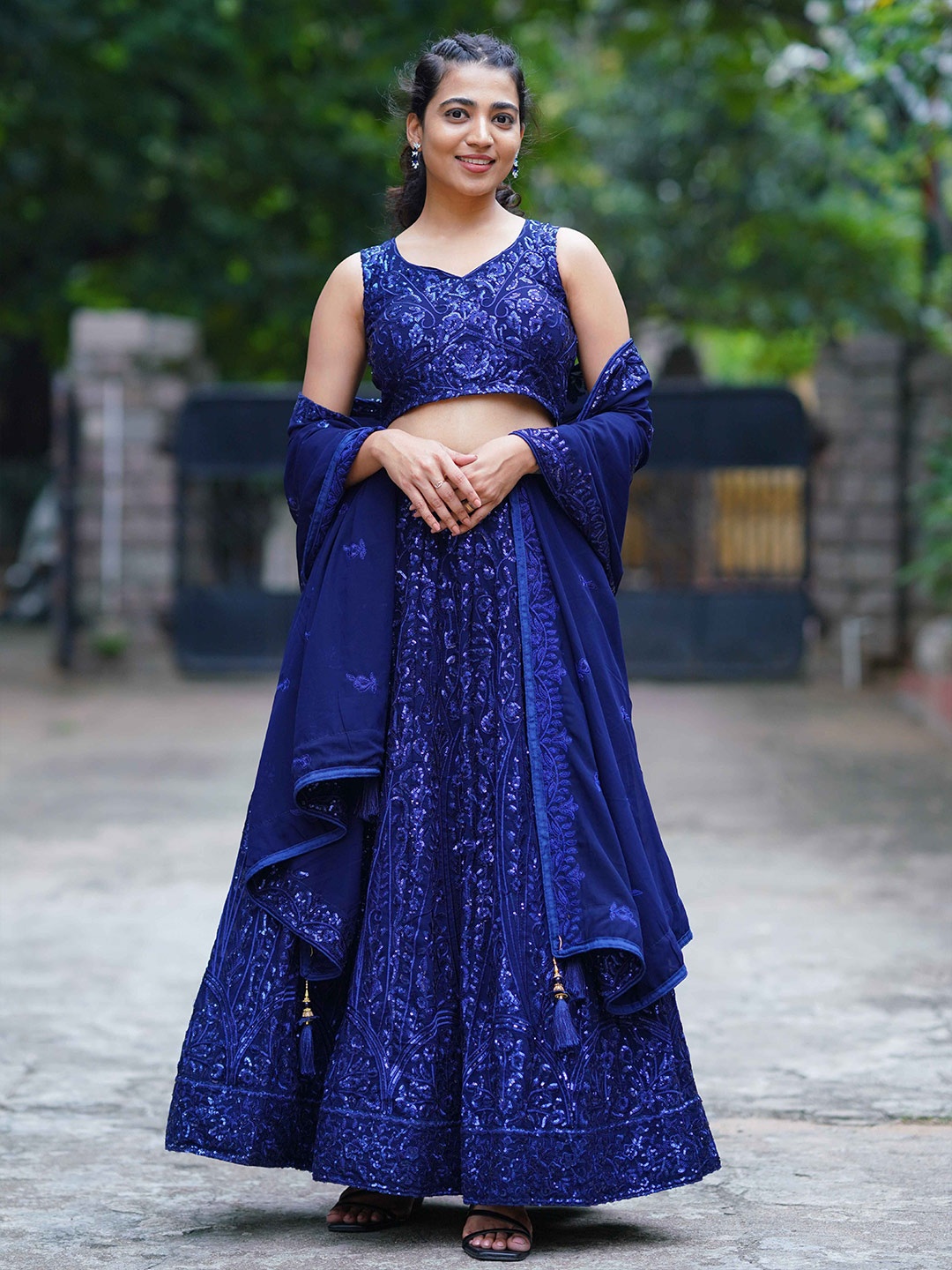 

FABPIXEL Embroidered Sequinned Semi-Stitched Lehenga & Unstitched Blouse With Dupatta, Blue