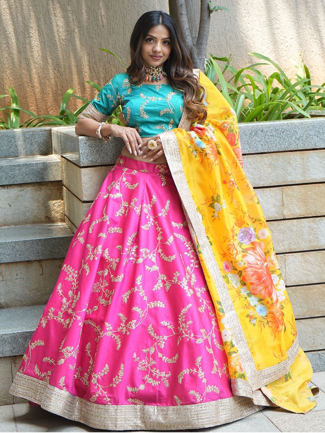 

FABPIXEL Embroidered Semi-Stitched Lehenga & Unstitched Blouse With Dupatta, Pink