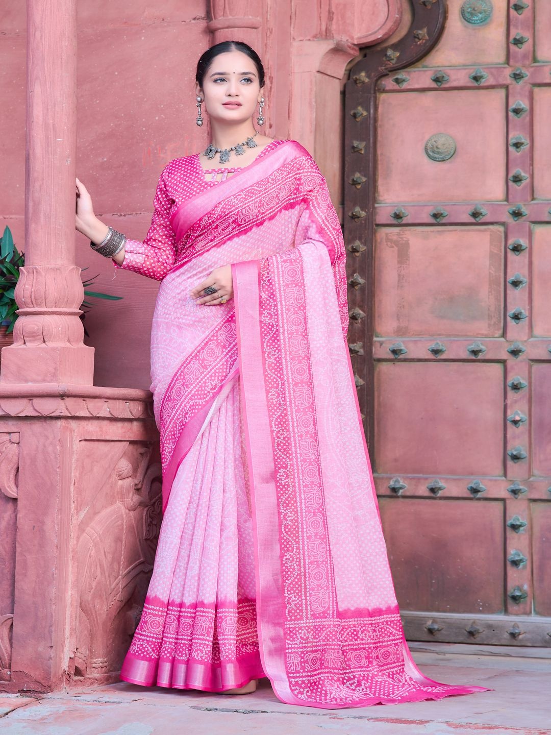 

TRENDING KART Bandhani Zari Linen Blend Bandhani Saree, Pink