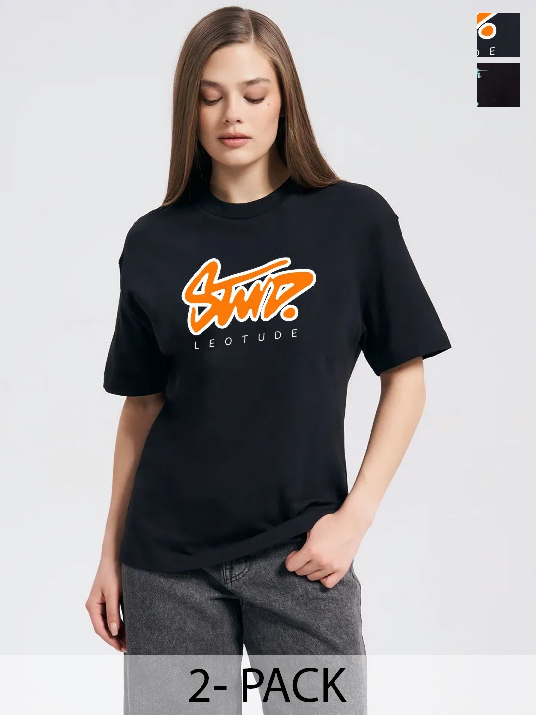 

Leotude Women Pack Of 2 Graphic Printed Round Neck Cotton Oversized T-shirts, Black
