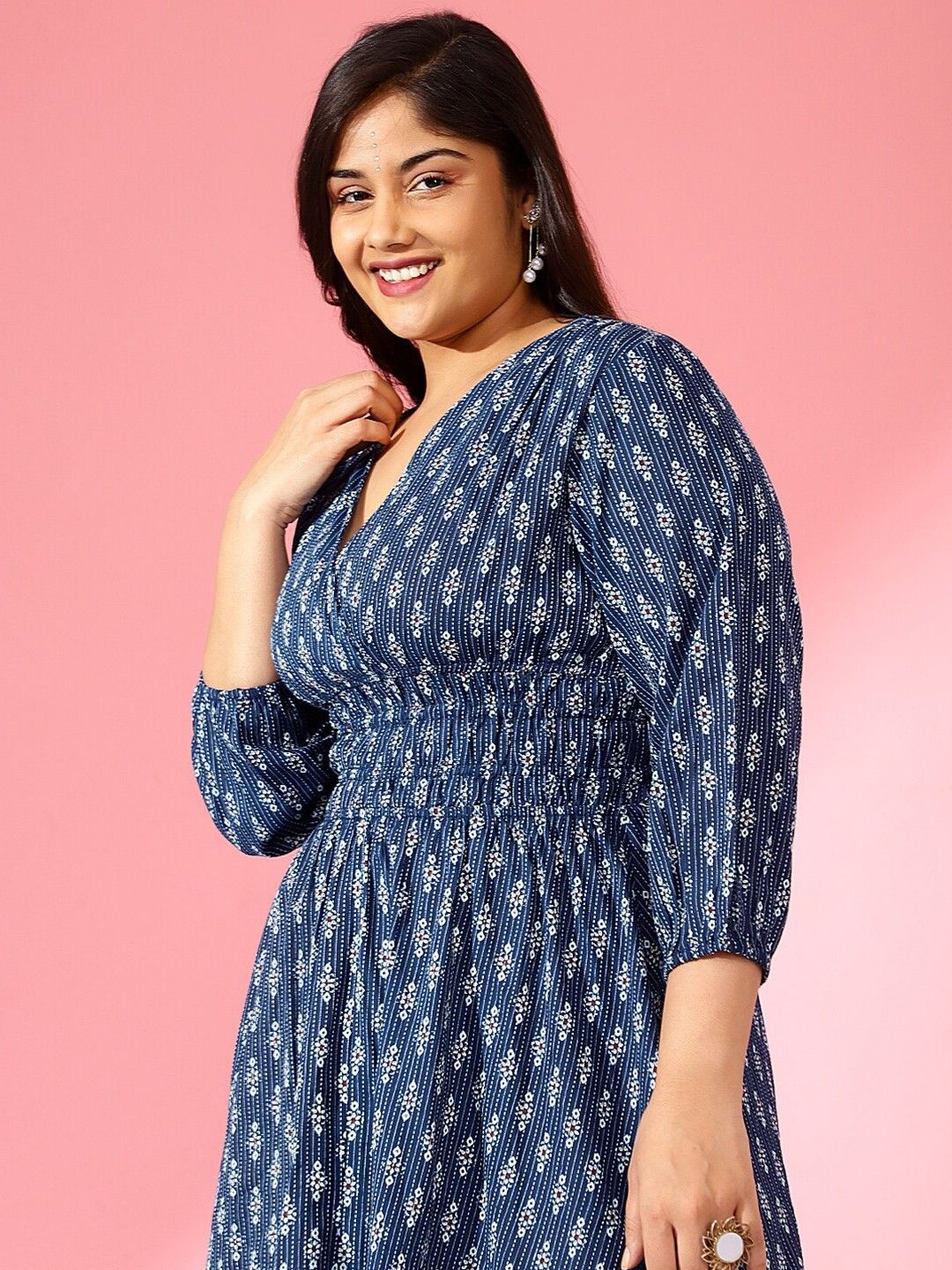 

Raiyani Fashion Women Floral Printed Puff Sleeves Smocked Fit & Flare Dress, Navy blue