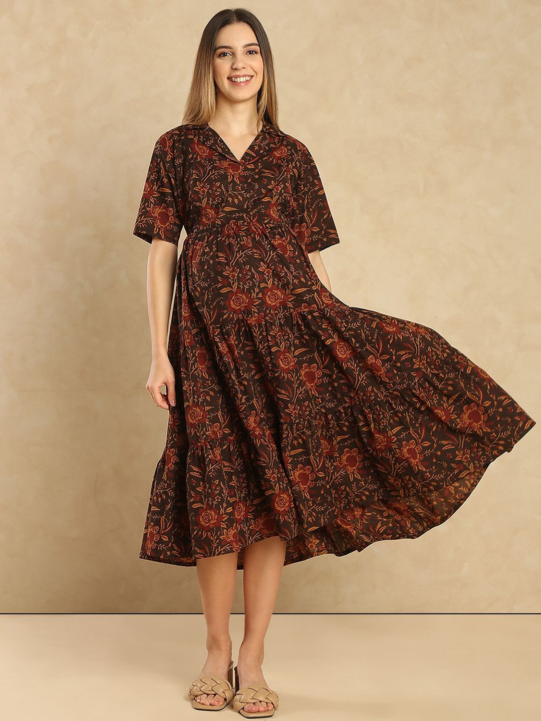

Aanyor Maternity Floral Printed Fit & Flare Midi Dress, Brown