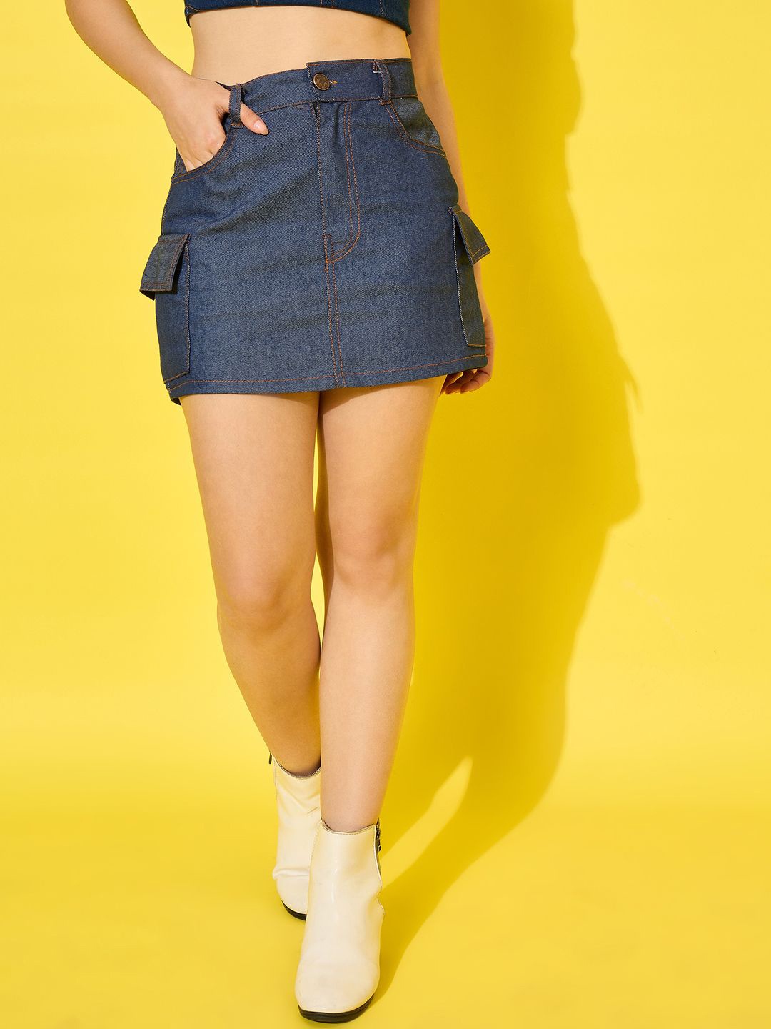 

BUY NEW TREND Women High Waist A-Line Denim Cargo Mini Skirt, Blue