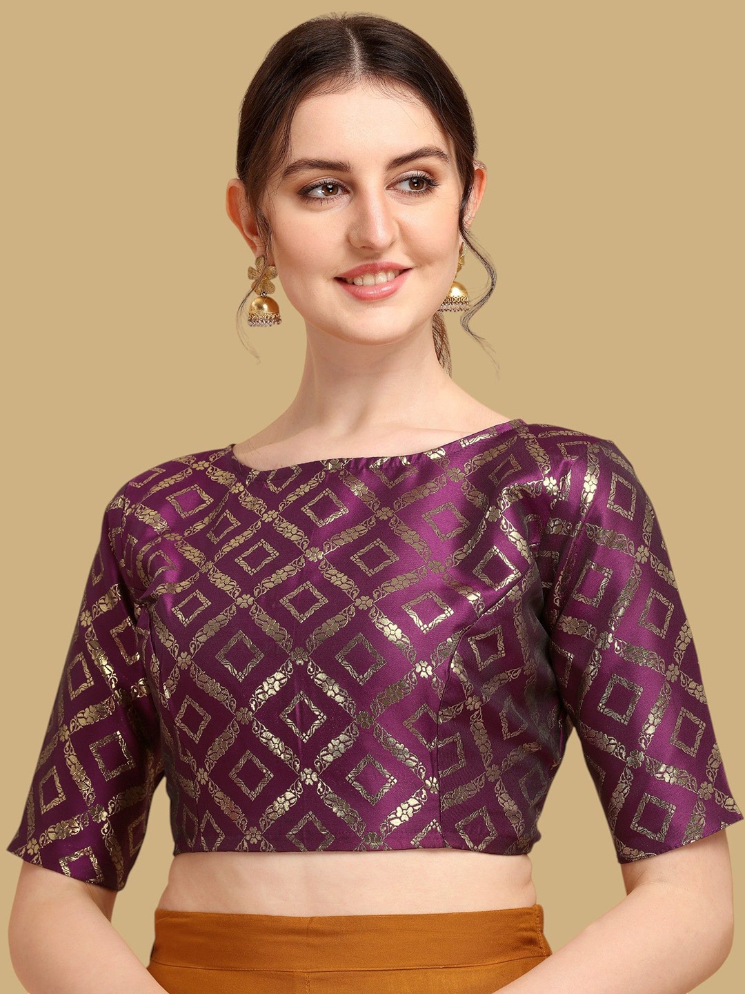 

Oomph! Woven Design Boat Neck Jacquard Saree Blouse, Purple