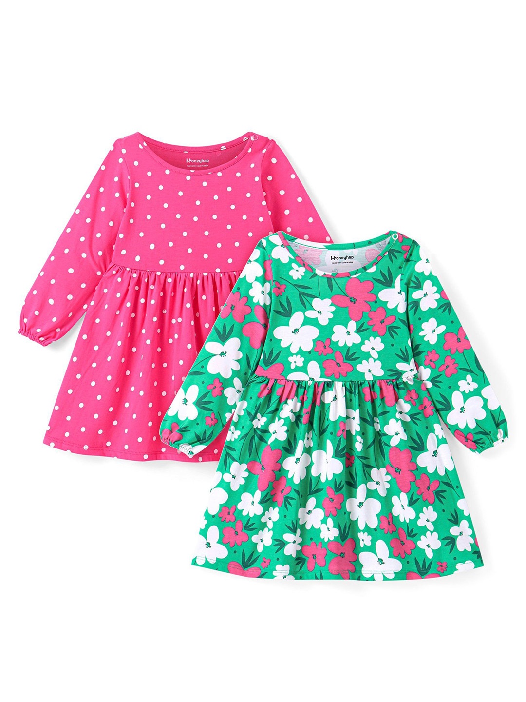 

Honeyhap Girl Pack Of 2 Polka Dots Printed Long Sleeves Peplum Maxi Dress, Pink