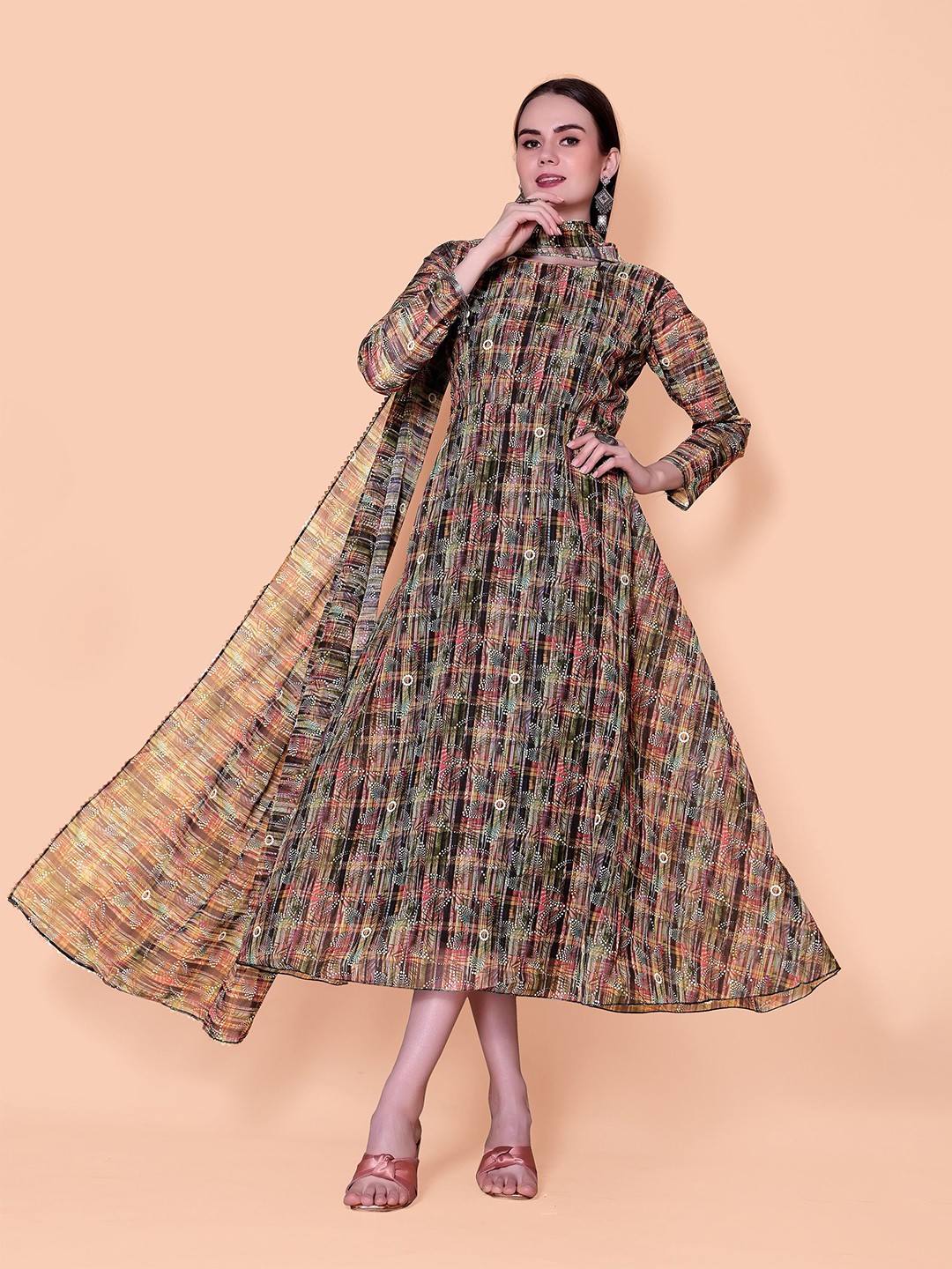 

Rinbin Conversational Print Georgette Fit & Flare Midi Ethnic Dress With Dupatta, Black