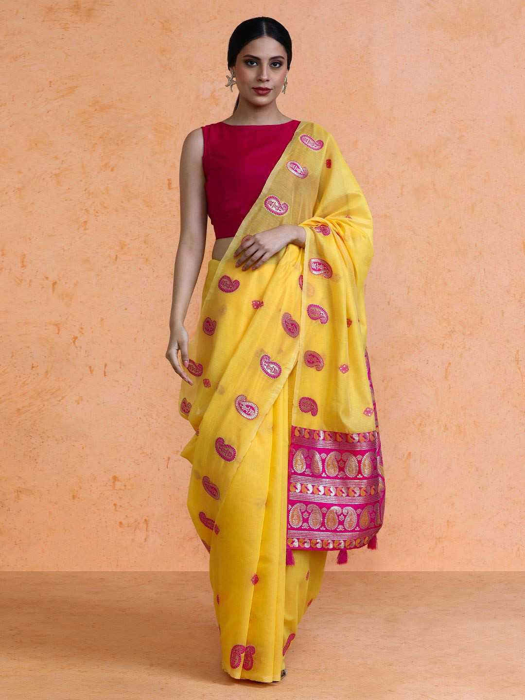 

SARHA Woven Design Chanderi Cotton Saree, Yellow